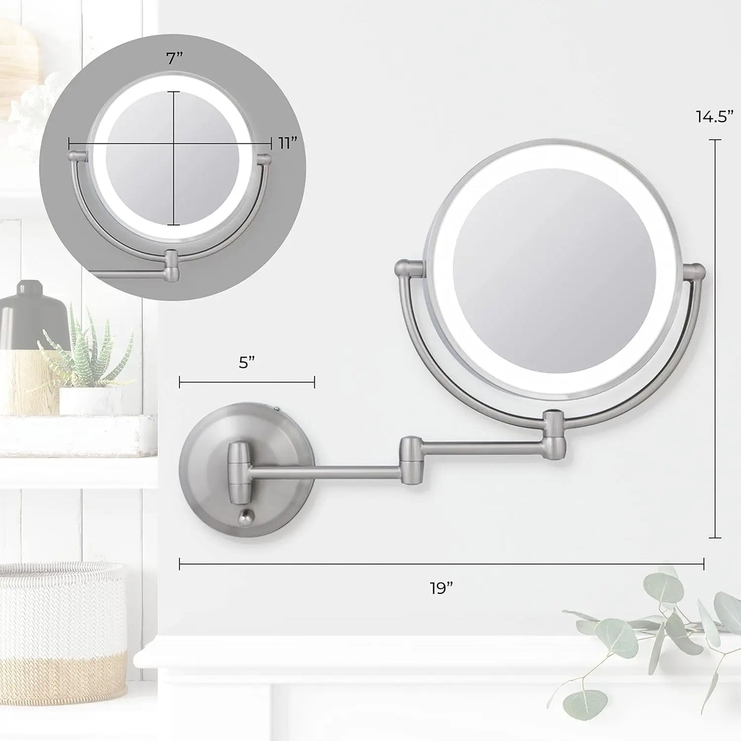 11" LED Wall Mounted Makeup Mirror Cordless or Battery-Operated