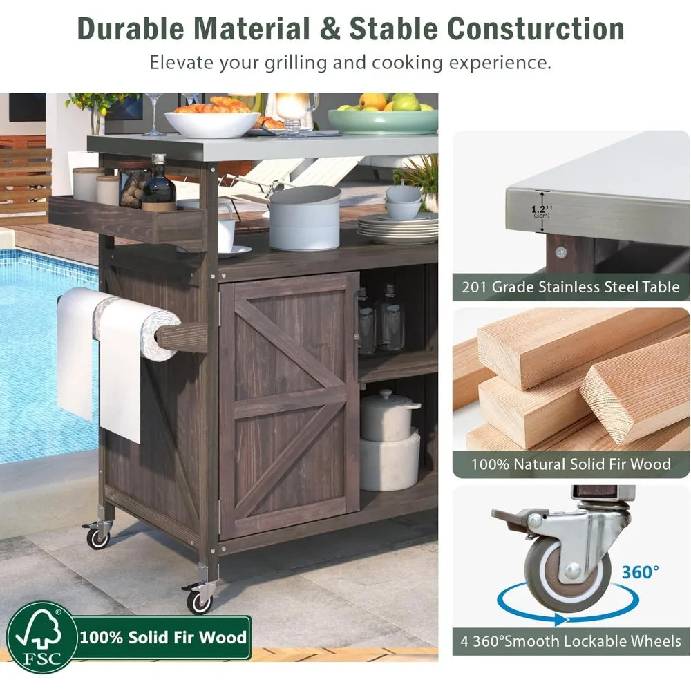 Outdoor Kitchen Island, Rolling Bar Cart & Storage Cabinet, Farmhouse Solid Wood Outdoor Grill Table with Stainless Steel Top,