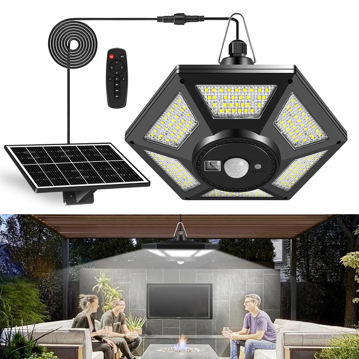 Solar Pendant Lights Outdoor Indoor / Remote Motion Sensor 5 Lighting Modes for Garage Patio Barn