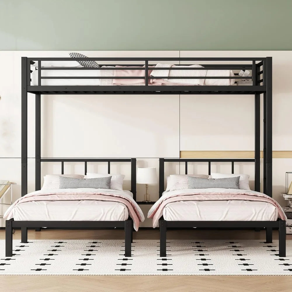 Twin Size Triple Bunk Bed for 3 Kids, Heavy Duty Metal Frame with Safety Fence, Space Saving Design, Black