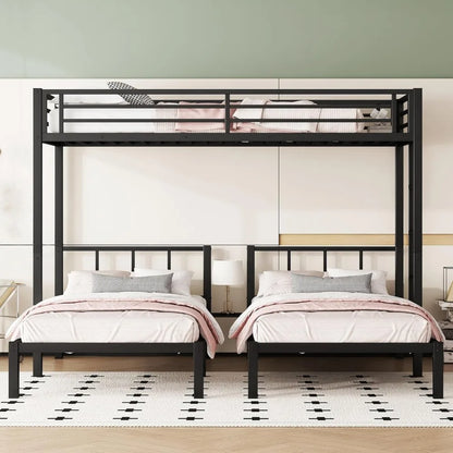 Twin Size Triple Bunk Bed for 3 Kids, Heavy Duty Metal Frame with Safety Fence, Space Saving Design, Black