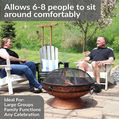 Sunnydaze 30-Inch Large Outdoor Fire Pit - Wood Burning Fire Pit for Outside with Poker and Screen - Copper Finish - Royal Cauld