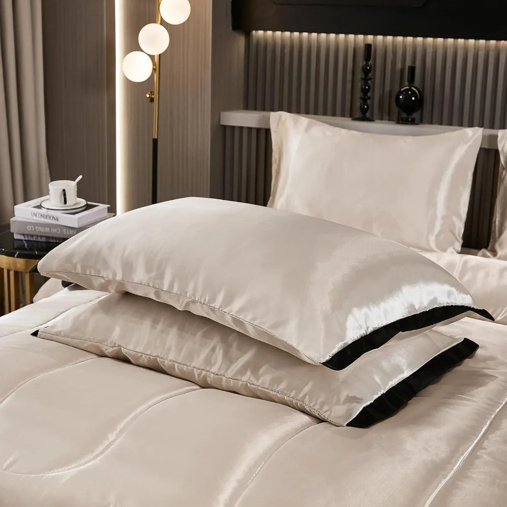 Satin King Comforter Set Silk Like Beige Bedding Comforter 8 Pieces Luxury Bed Sheet