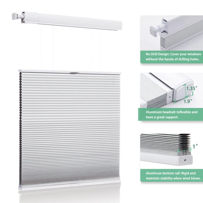 No Tools No Drill Top-Down Bottom Up Honeycomb Blinds for Windows, 1" Cell Fabric Cordless