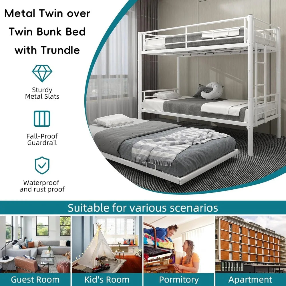 Heavy-Duty Twin Over Twin Bunk Bed with Trundle and Side Ladder, Convertible Bunkbed with Safety Rails for Secure Sleep