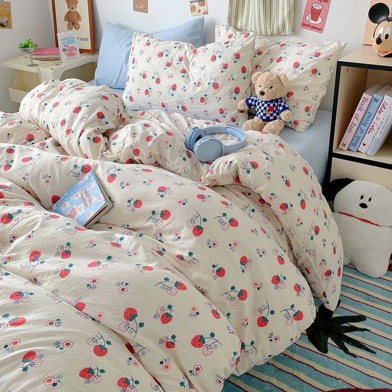 Red Strawberry Duvet Cover Set 100% Washed Cotton