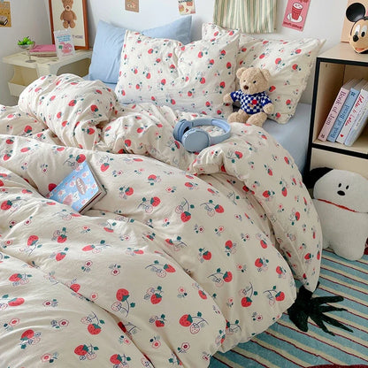 Red Strawberry Duvet Cover Set 100% Washed Cotton
