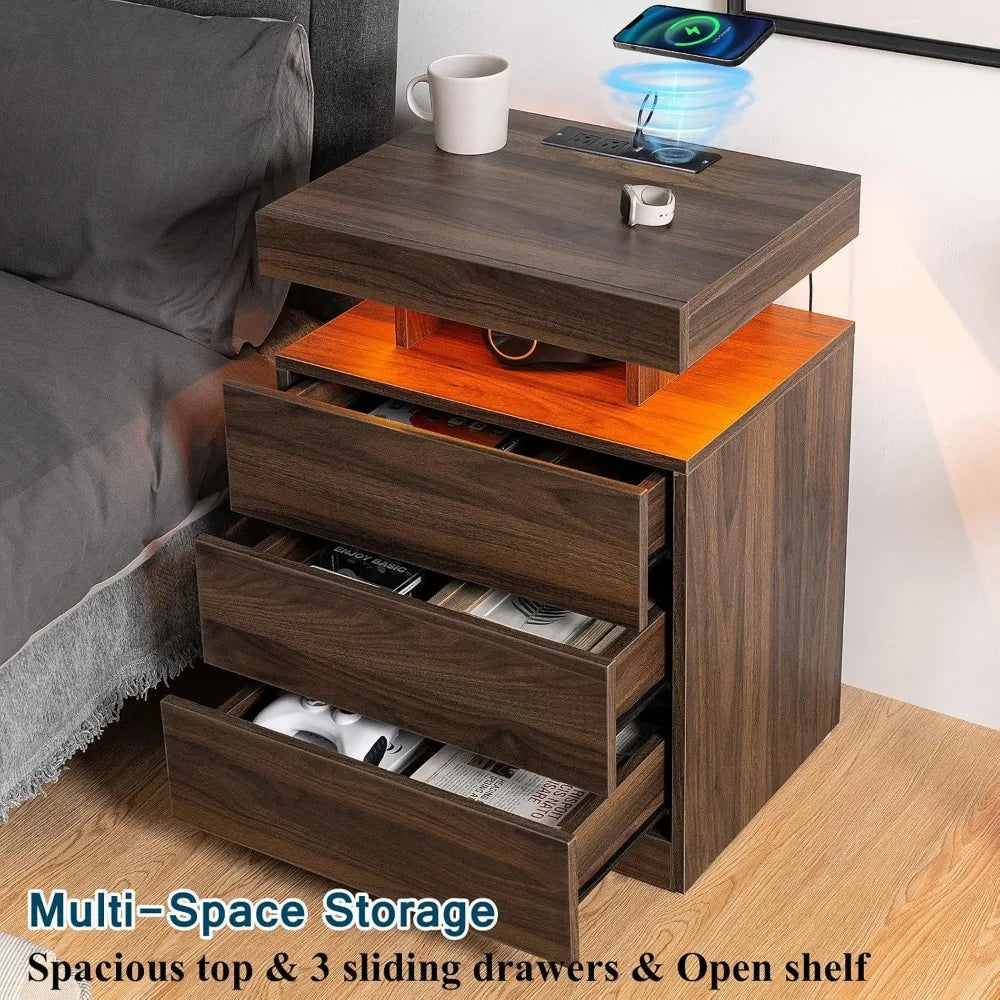 Rustic Brown Nightstand w/ Wireless Charging Station Walnut Wood 3 Drawers