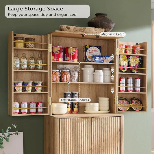 72"Fluted Pantry Storage Cabinet Adjustable, Curved Profile