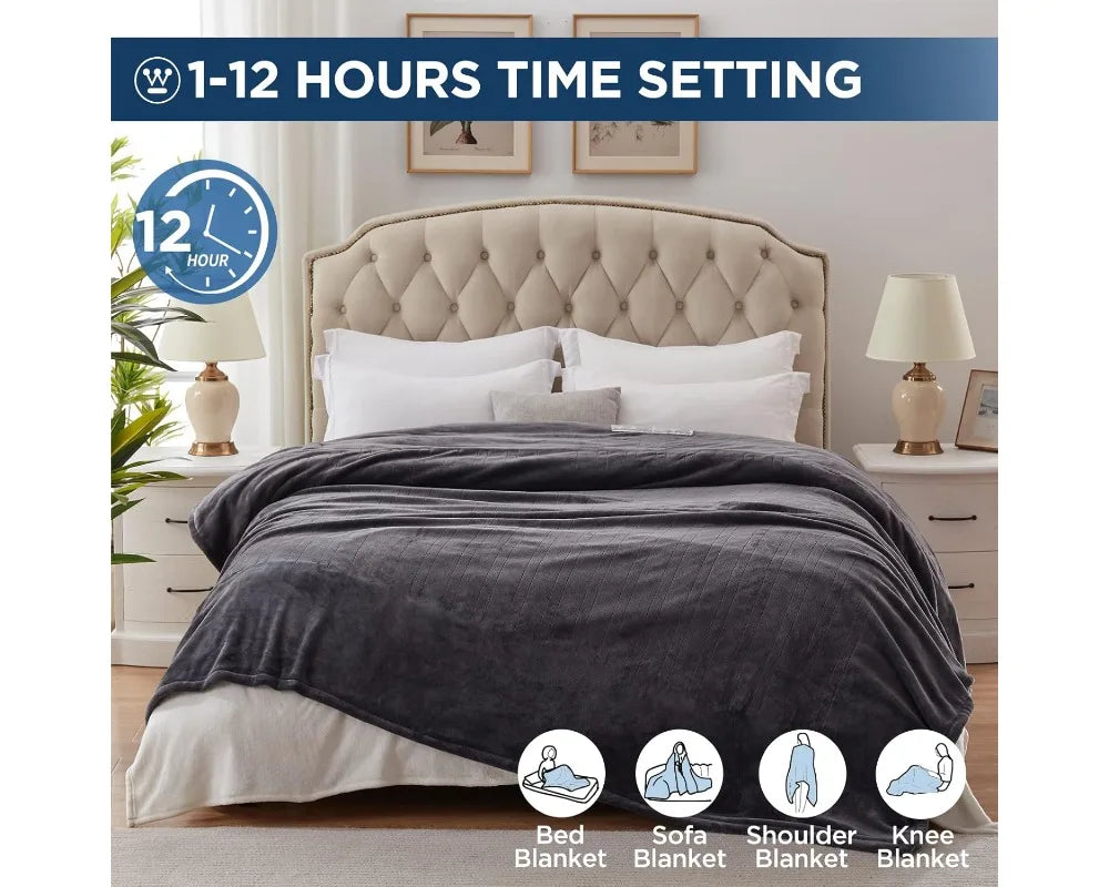 King Size Electric Heated Blanket, 100x90 Flannel with 10 Heat Levels & Auto-Off, Machine Washable