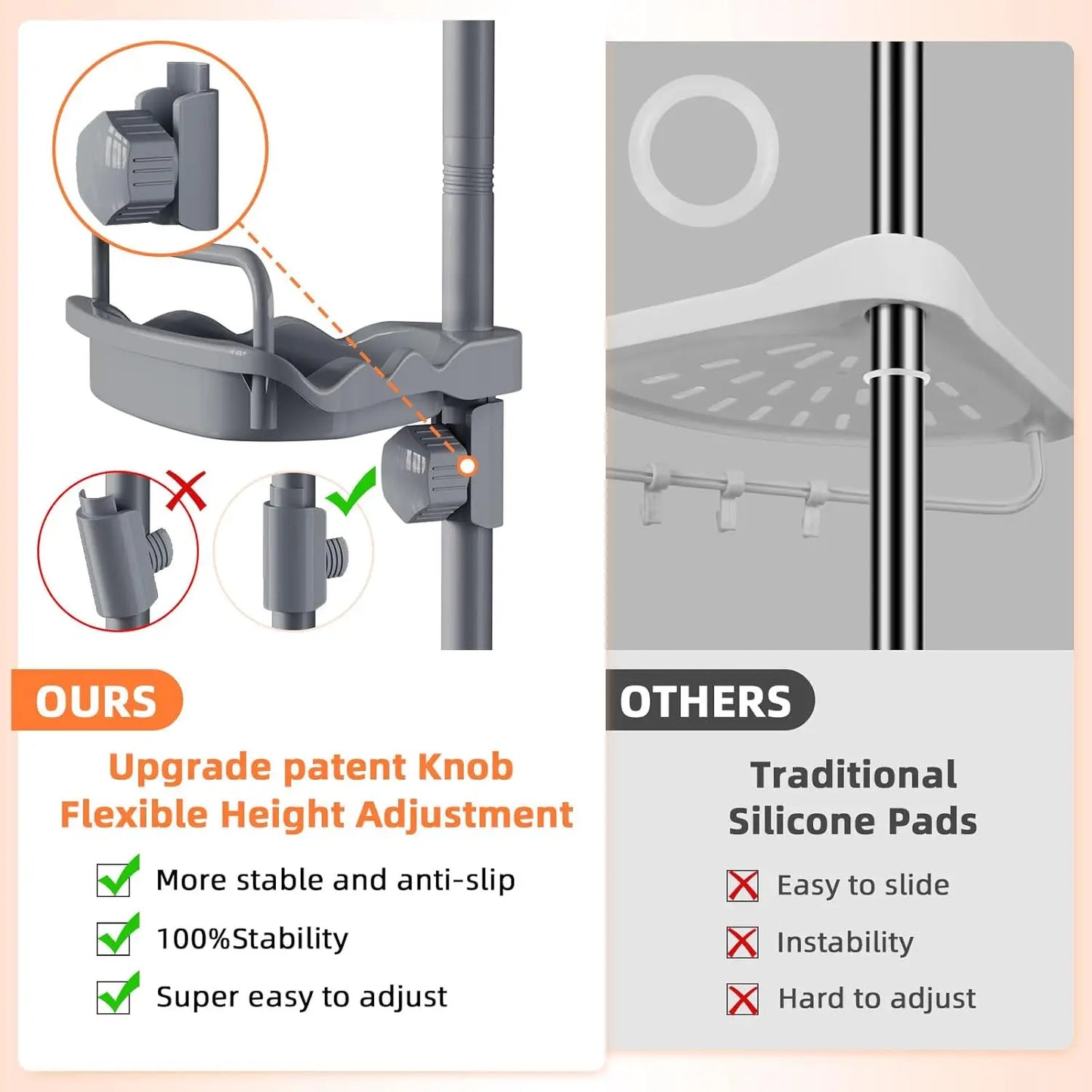 32-122inch Corner Shower Caddy Tension Pole Grey, Rustproof Drill-Free