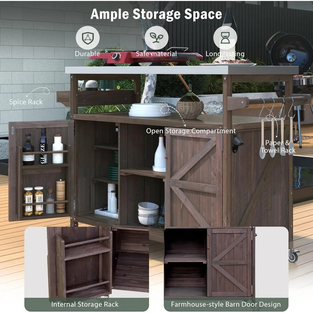 Outdoor Kitchen Island, Rolling Bar Cart & Storage Cabinet, Farmhouse Solid Wood Outdoor Grill Table with Stainless Steel Top,