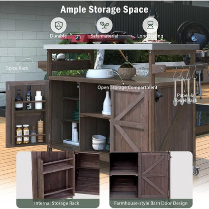 Outdoor Kitchen Island, Rolling Bar Cart & Storage Cabinet, Farmhouse Solid Wood Outdoor Grill Table with Stainless Steel Top,