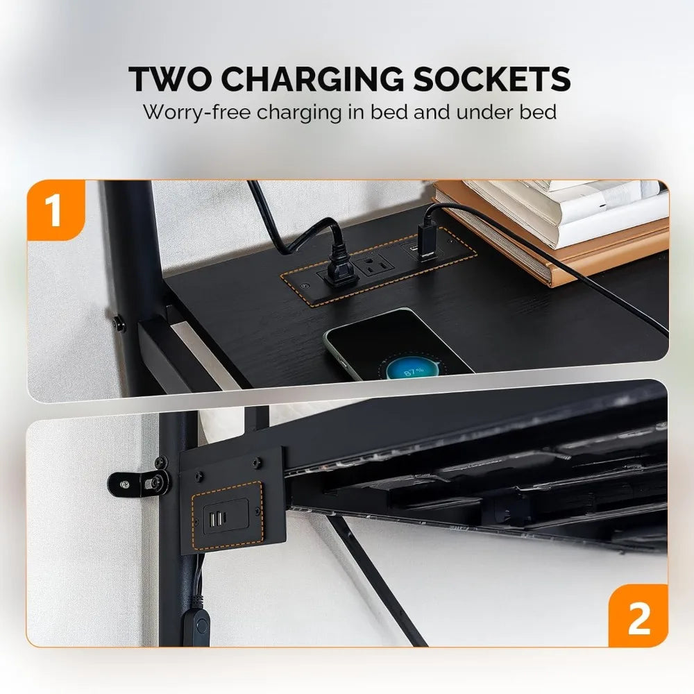 Full Size Metal Loft Bunk Bed Frame for Kids Teens Adults with Desk Underneath,2 Charging Station,LED Lights,Safety Guardrail a