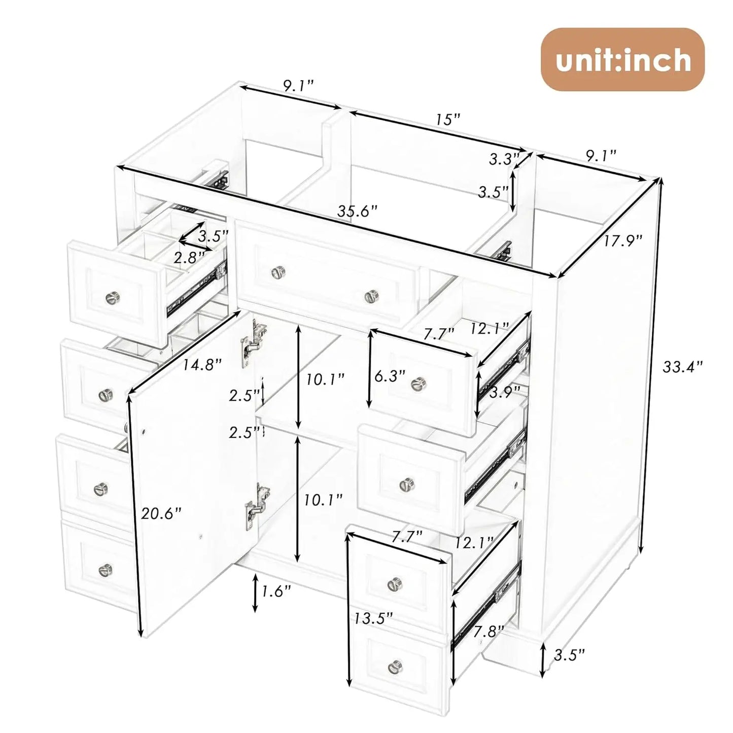 36 Inch Bathroom Vanity Cabinet Base White Storage 1 Door 6 Drawers, Customized
