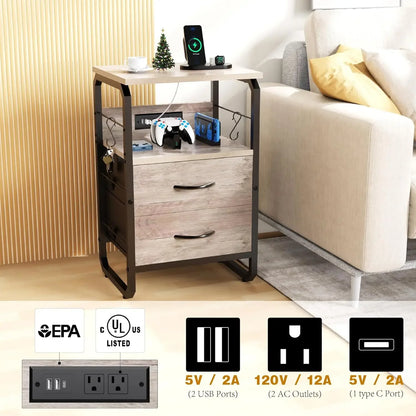 Drawers, Storage Nightstand with Charging Station