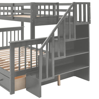 Stairway Twin-Over-Full Bunk Bed W / Drawer, Storage and Guard Rail for Bedroom, Dorm, for Adults