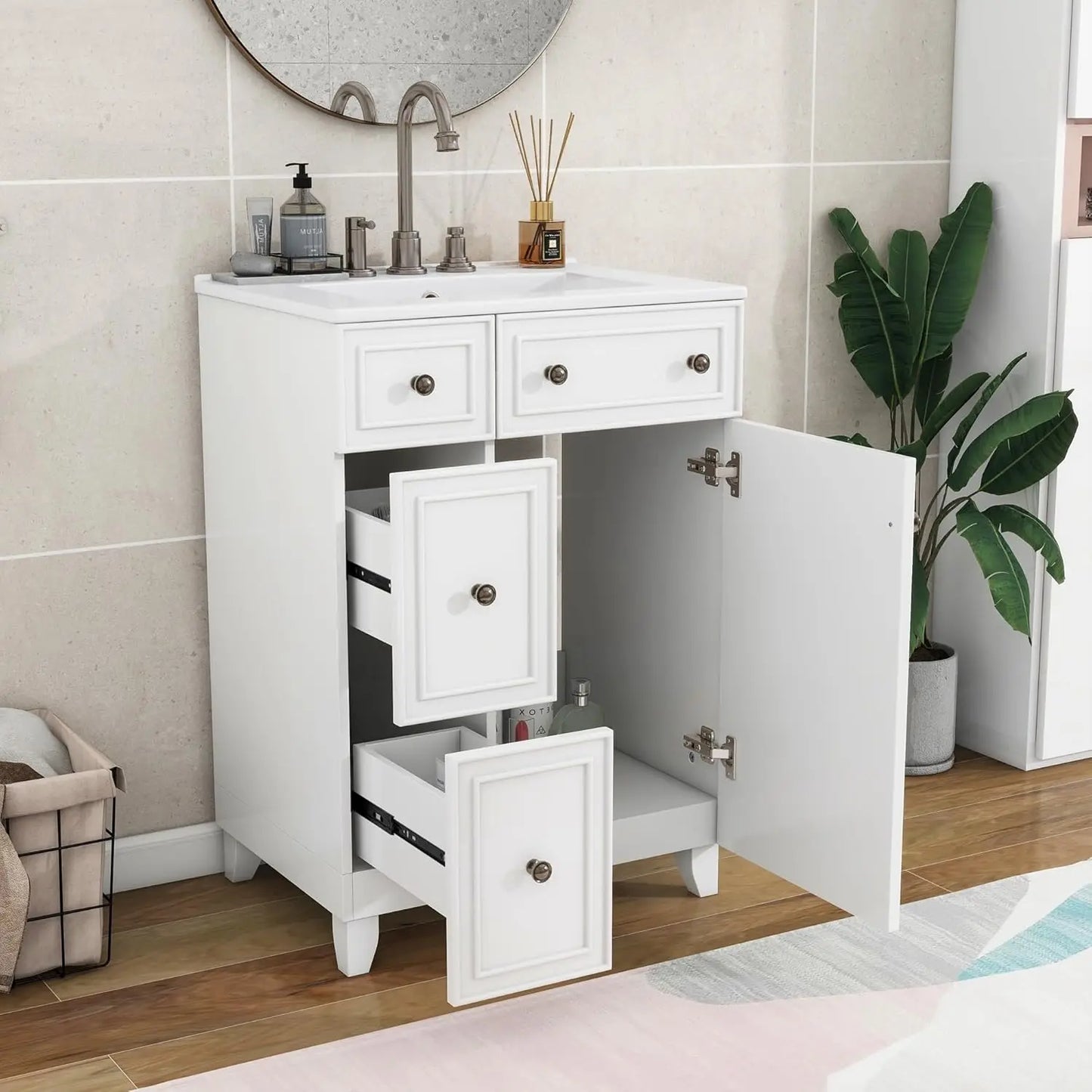 24" Free Standing Bathroom Vanity Set with Sink, 2 Drawers & Door