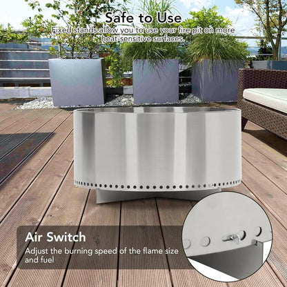 27" Smokeless Fire Pit W/ Air Switch, Wood Burning Portable Stainless Steel Outdoor Firepit