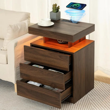 Rustic Brown Nightstand w/ Wireless Charging Station Walnut Wood 3 Drawers