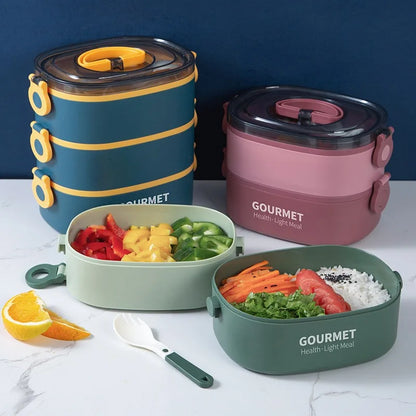 lunch box, stackable 3-layer food container, leak-proof portable, microwave safe