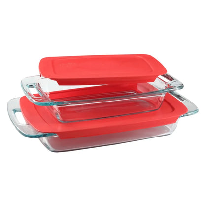 4-piece rectangular glass baking dish set with red lid