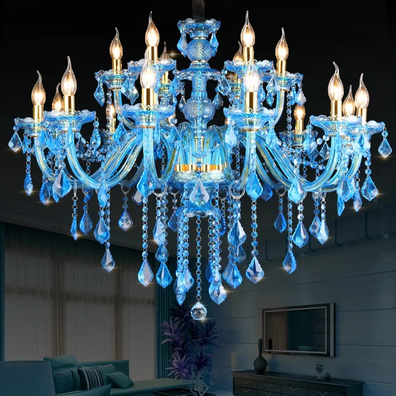 Blue Crystal Ceiling Chandeliers Printing Fabric Lampshade Hanging Lamp Modern Kitchen Restaurant Living Room LED Pendant Lights