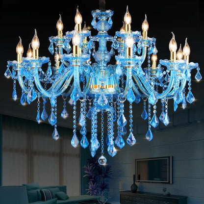 Blue Crystal Ceiling Chandeliers Printing Fabric Lampshade Hanging Lamp Modern Kitchen Restaurant Living Room LED Pendant Lights