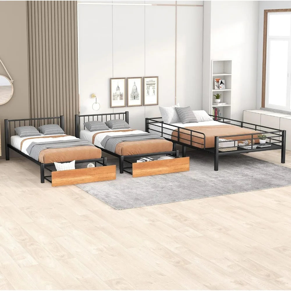 triple bunk bed with drawers, guardrails, full over twin & twin for three, space-saving design