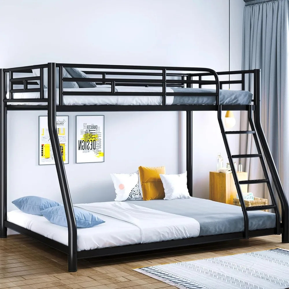 Metal Bunk Bed, Full Size Bed Frame, Twin Over Full Bunk Bed W/ Safety Guardrail and Ladder