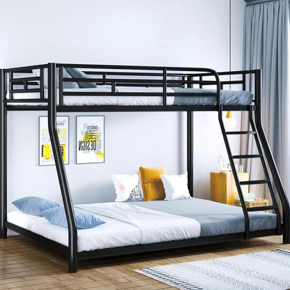 Metal Bunk Bed, Full Size Bed Frame, Twin Over Full Bunk Bed W/ Safety Guardrail and Ladder