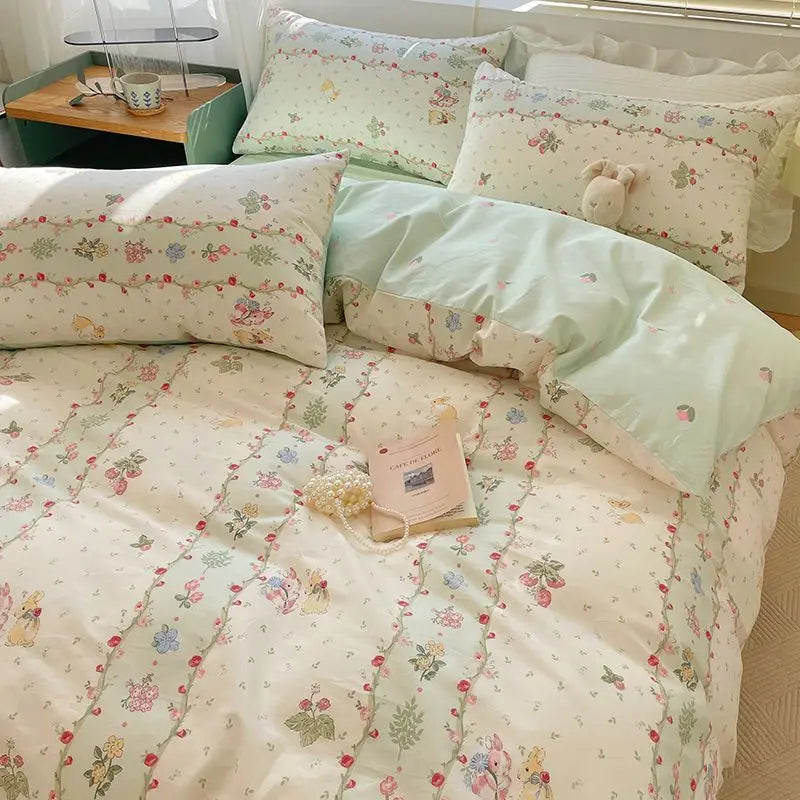 Pink Floral Bedding Set Soft Single Double Queen Size Duvet Cover Flat Sheet Pillowcase