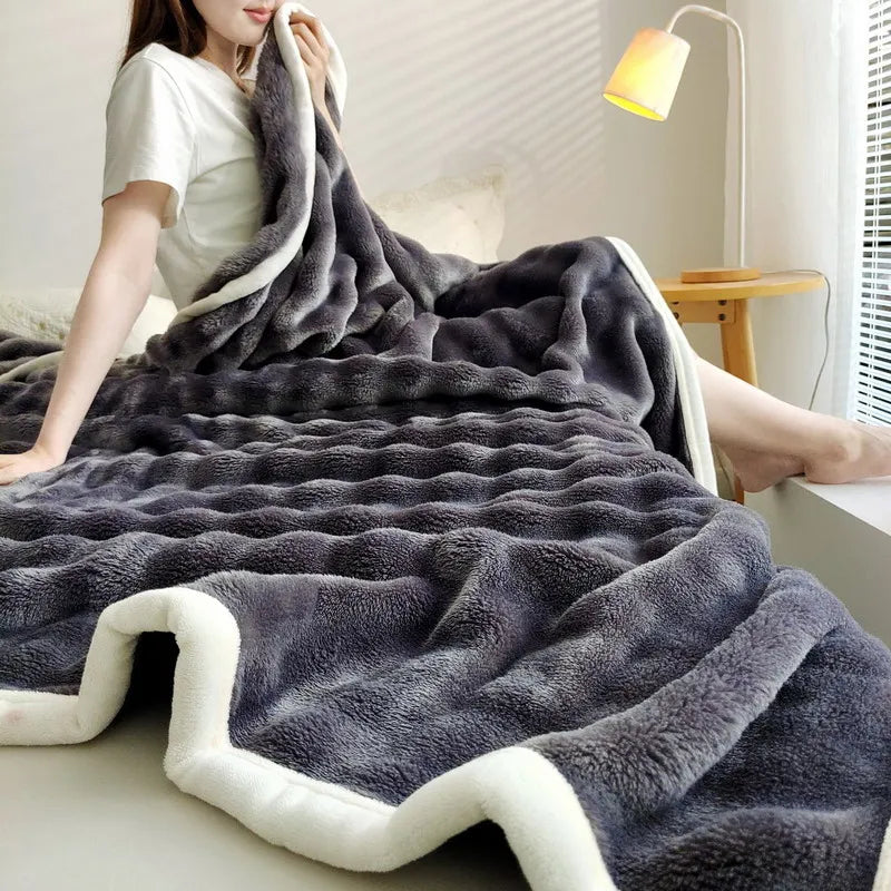Solid Color Flannel Rabbit Fur Blanket Nap Cover Coral Fleece