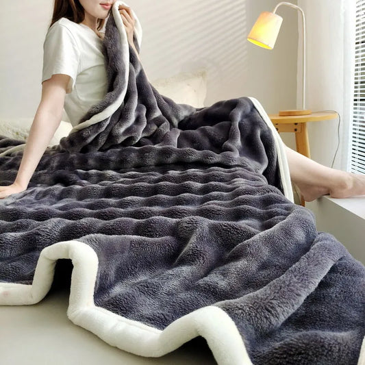 Solid Color Flannel Rabbit Fur Blanket Nap Cover Coral Fleece