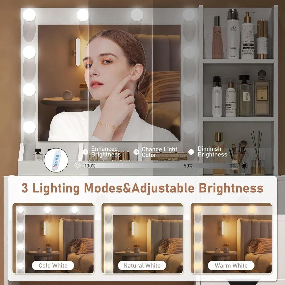 White Vanity Desk W/ Mirror & Lights, Glass Top, 5 Drawers, 3 Modes Dimmable LED