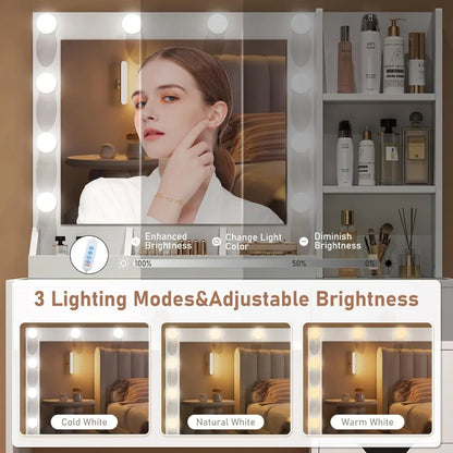 White Vanity Desk W/ Mirror & Lights, Glass Top, 5 Drawers, 3 Modes Dimmable LED