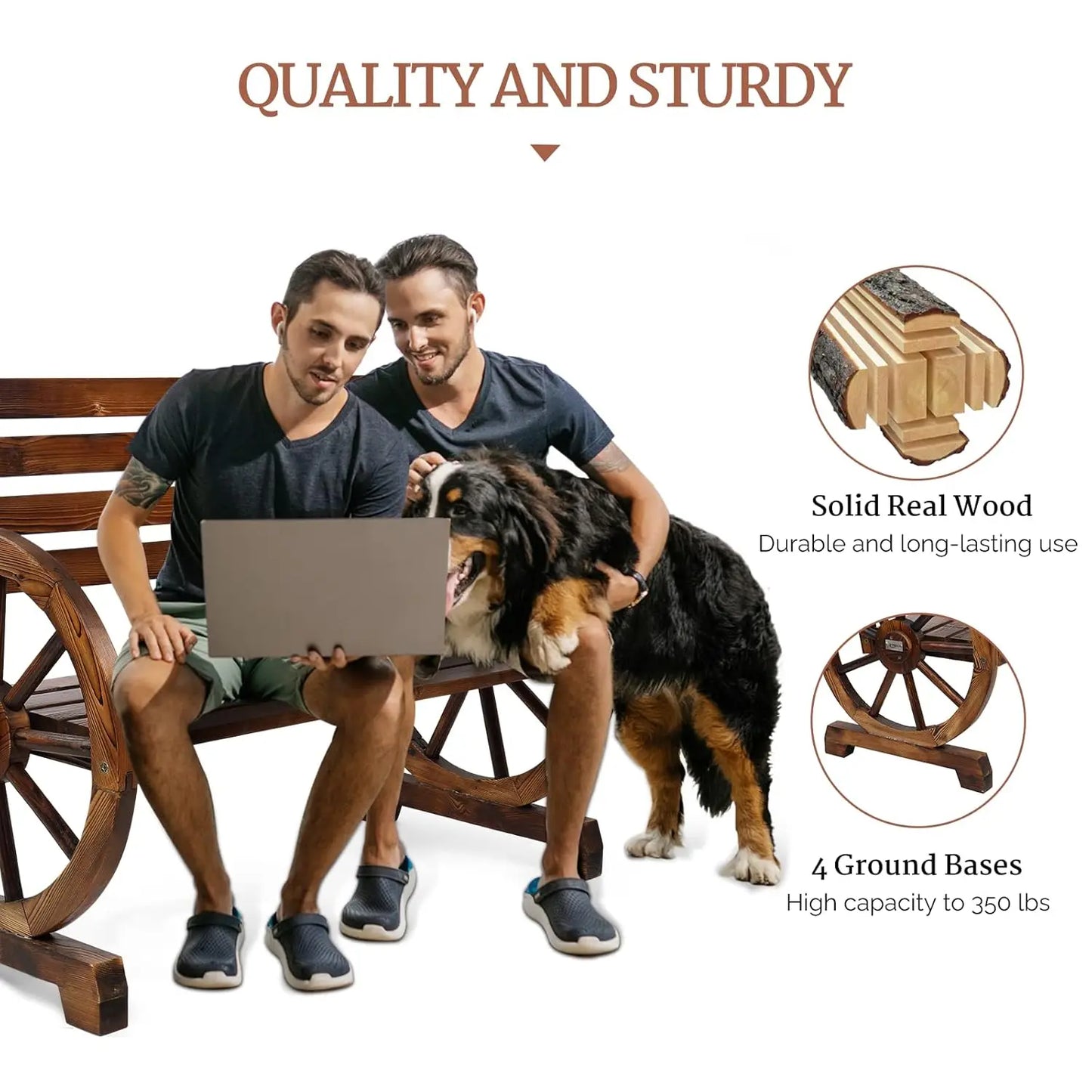 41" Rustic Wooden Outdoor Bench 2-Person Wagon Wheel Slatted Seat