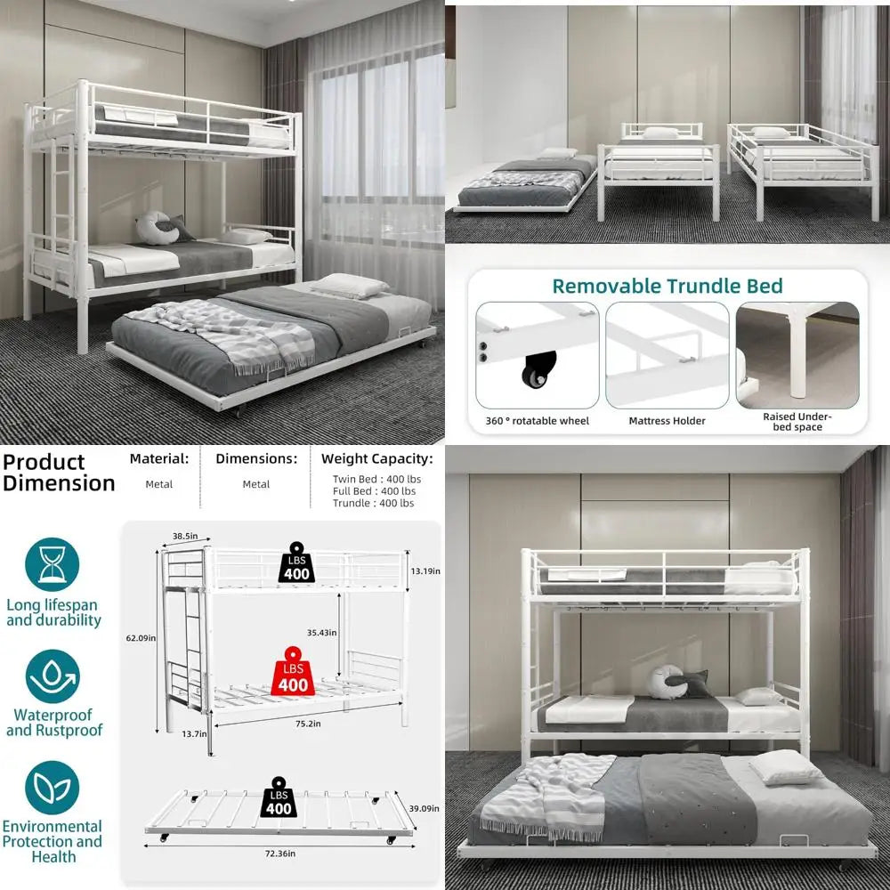 Heavy-Duty Twin Over Twin Bunk Bed with Trundle and Side Ladder, Convertible Bunkbed with Safety Rails for Secure Sleep