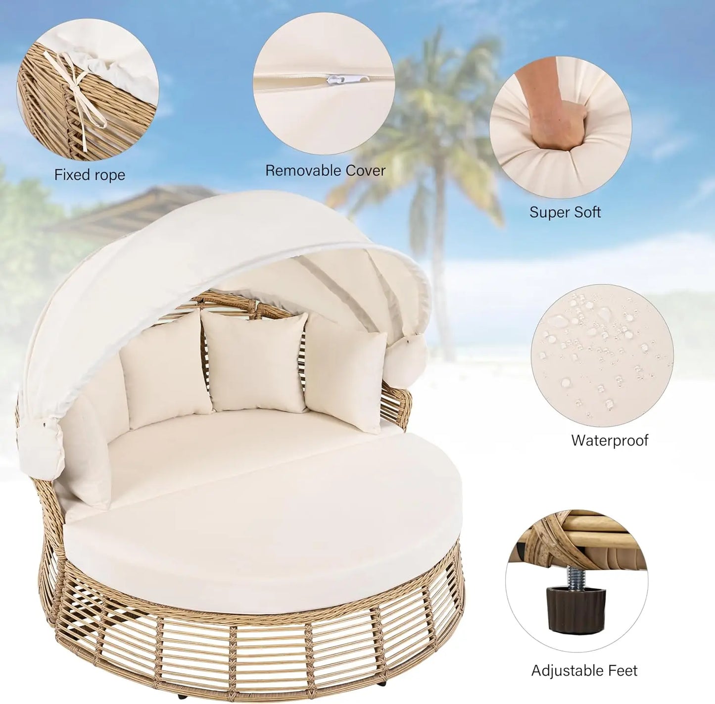 Outdoor Patio Rattan Round Daybed with Retractable Canopy Wicker Furniture