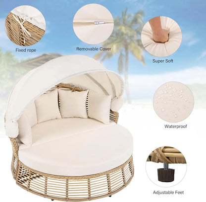 Outdoor Patio Rattan Round Daybed with Retractable Canopy Wicker Furniture