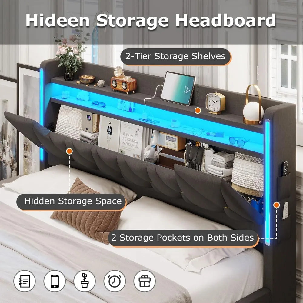 Headboard and Storage, Metal King Bed W / LED Lights & Charging Station, Upholstered Platf