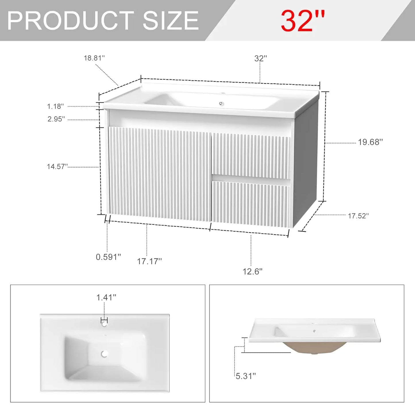 32" Wall Mounted Bathroom Vanity with Sink, Soft-Close Drawers