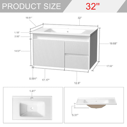 32" Wall Mounted Bathroom Vanity with Sink, Soft-Close Drawers