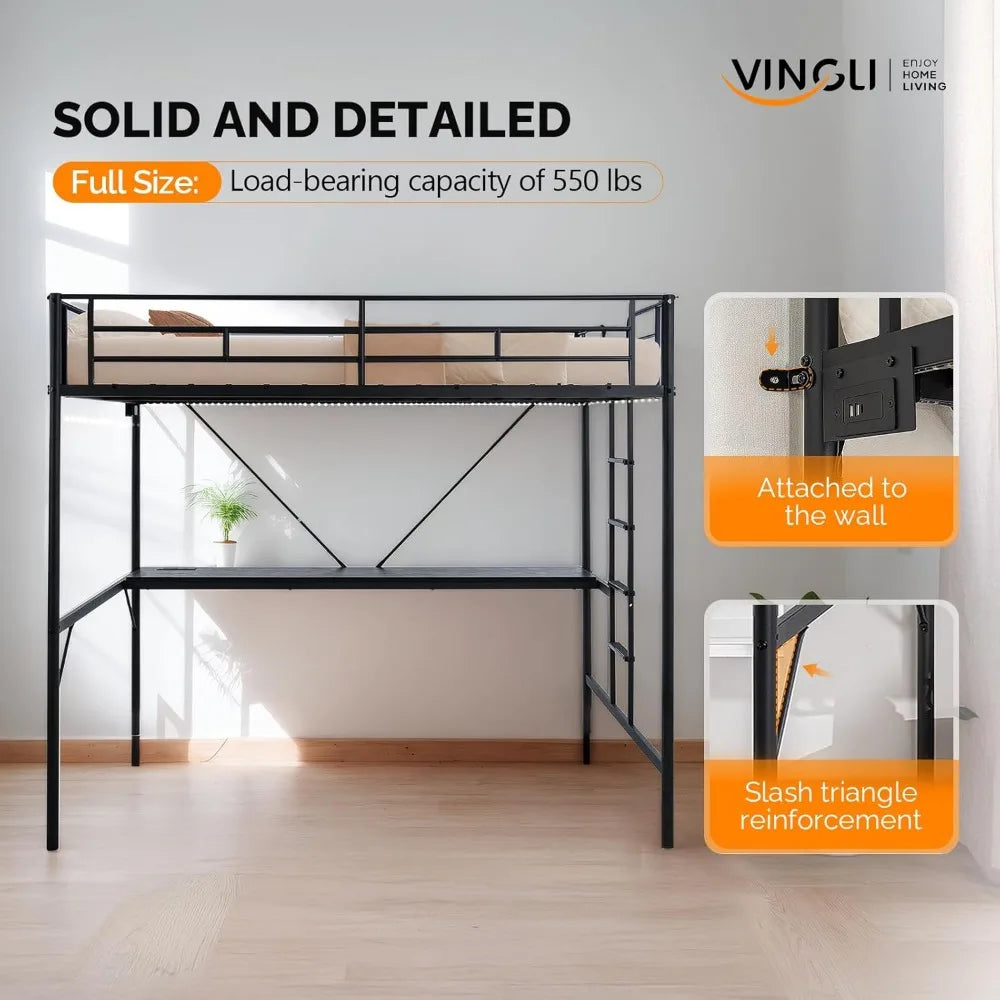 Full Size Metal Loft Bunk Bed Frame for Kids Teens Adults with Desk Underneath,2 Charging Station,LED Lights,Safety Guardrail a