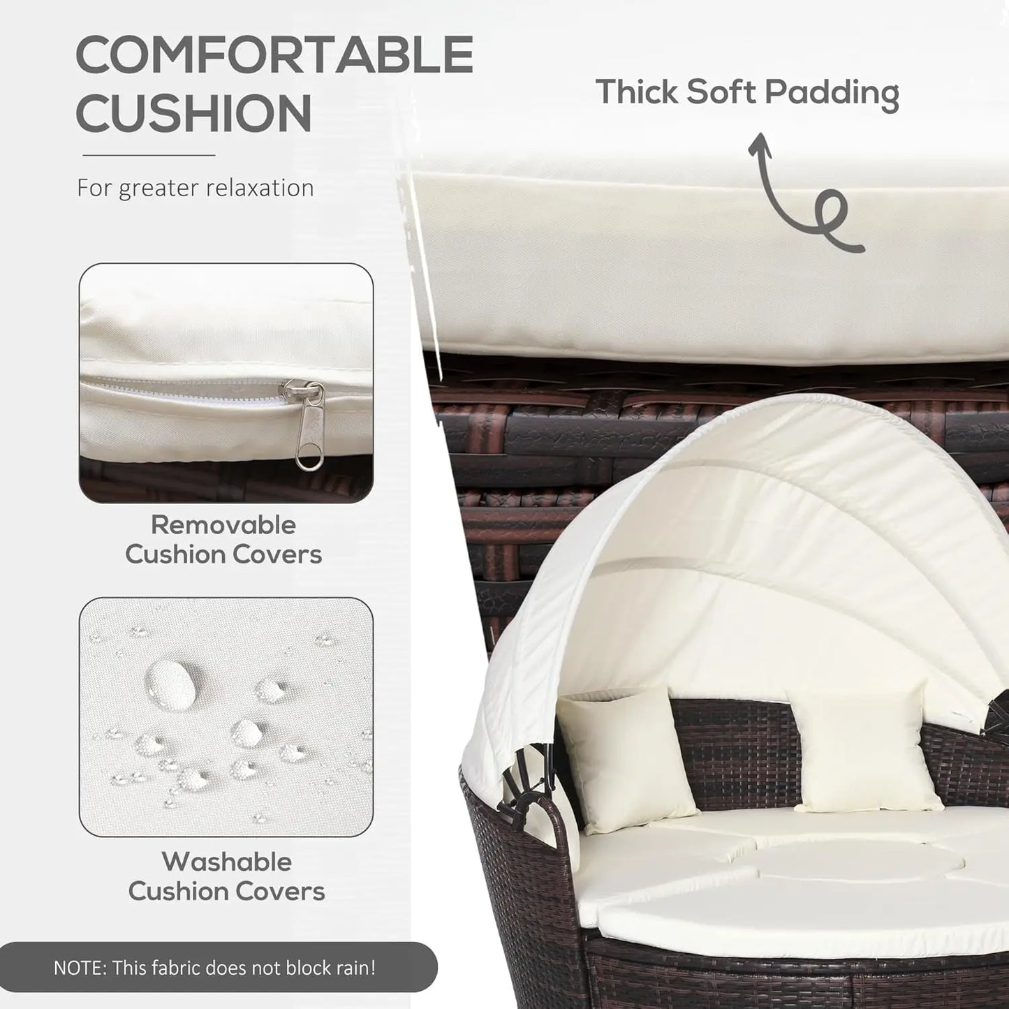 4pc Round Convertible Daybed Cushions PE Rattan Patio Sofa