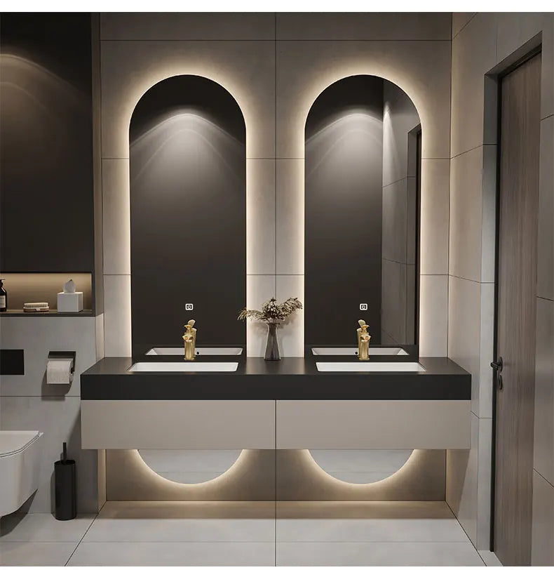 Combination Double Mirror Villa Light Luxury Rock Slab Integrated Basin Bathroom Cabinet