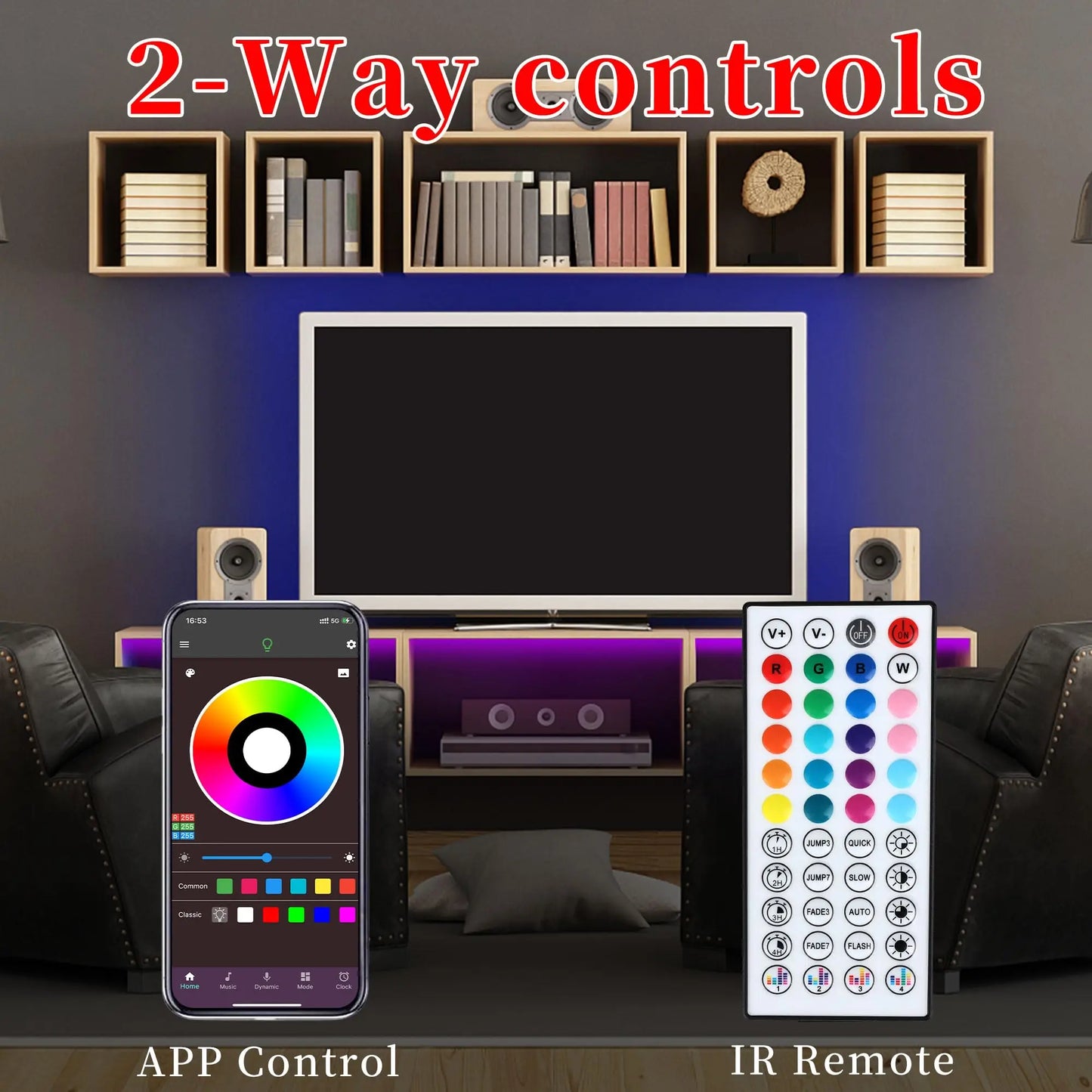 16ft/49ft/98ft/196ft Long LED Strip Lights - Color-Changing RGB Music Sync LED Rope Lights