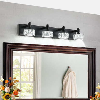 LED Vanity Light Modern 4-Light Matte Black Fixture with Crystal Glass Shades