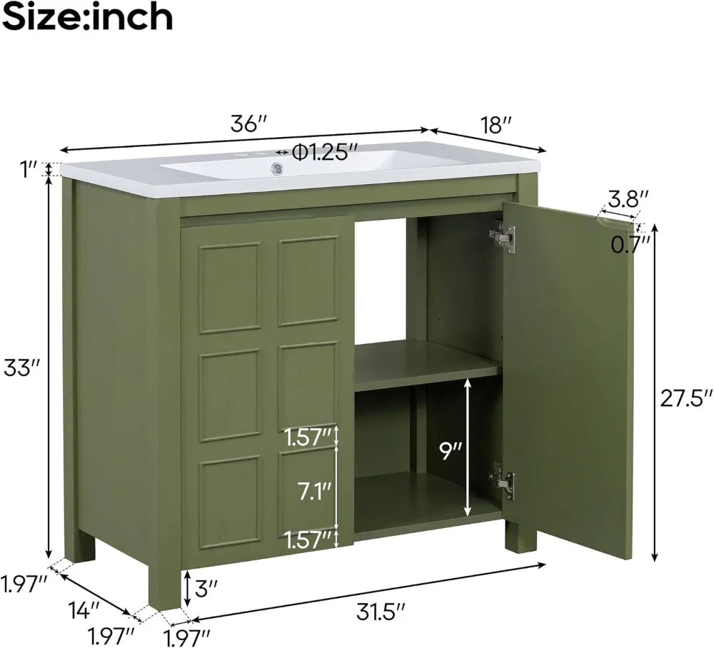 36" Freestanding Bathroom Vanity with Ceramic Sink, Wood Cabinet