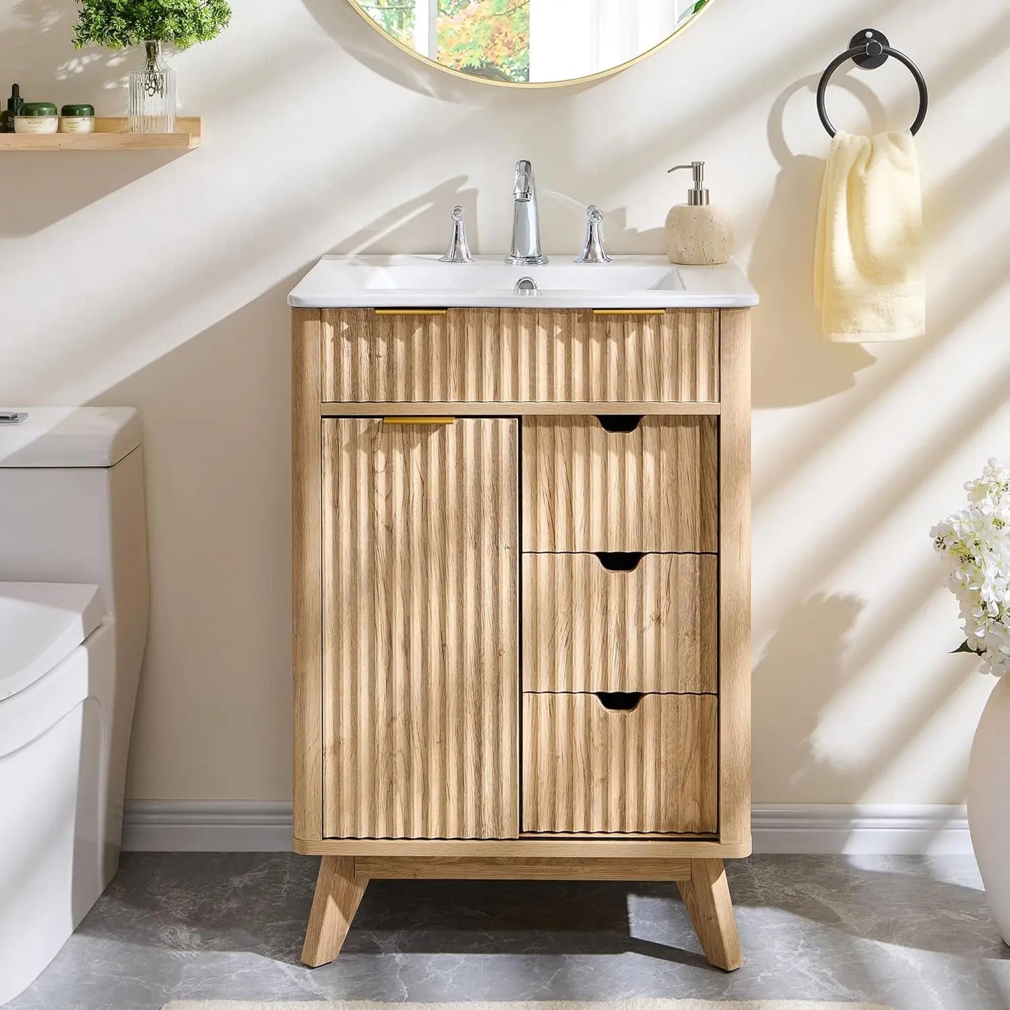 24" Fluted Bathroom Vanity with Ceramic Sink Combo Freestanding